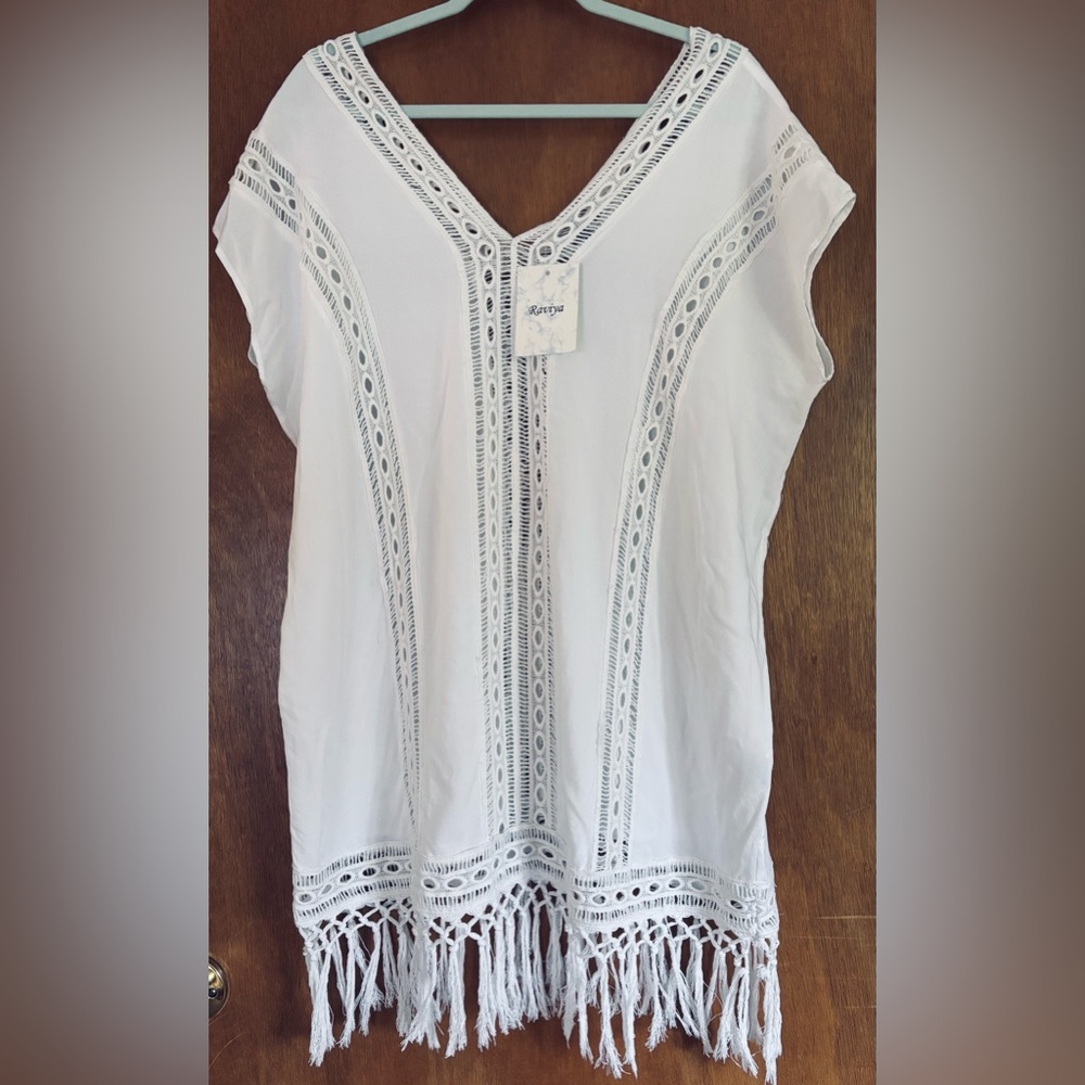 NWT Raviya Women's Crochet Fringe Swim Cover-up Dress White - Size L
